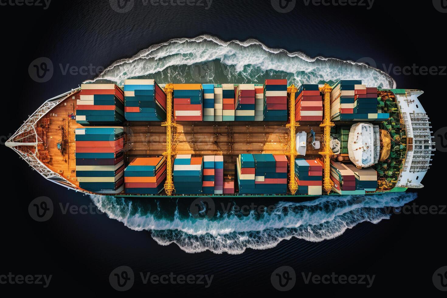 Container ship sailing in sea, top view. Cargo sea ship carrying containers on water. photo