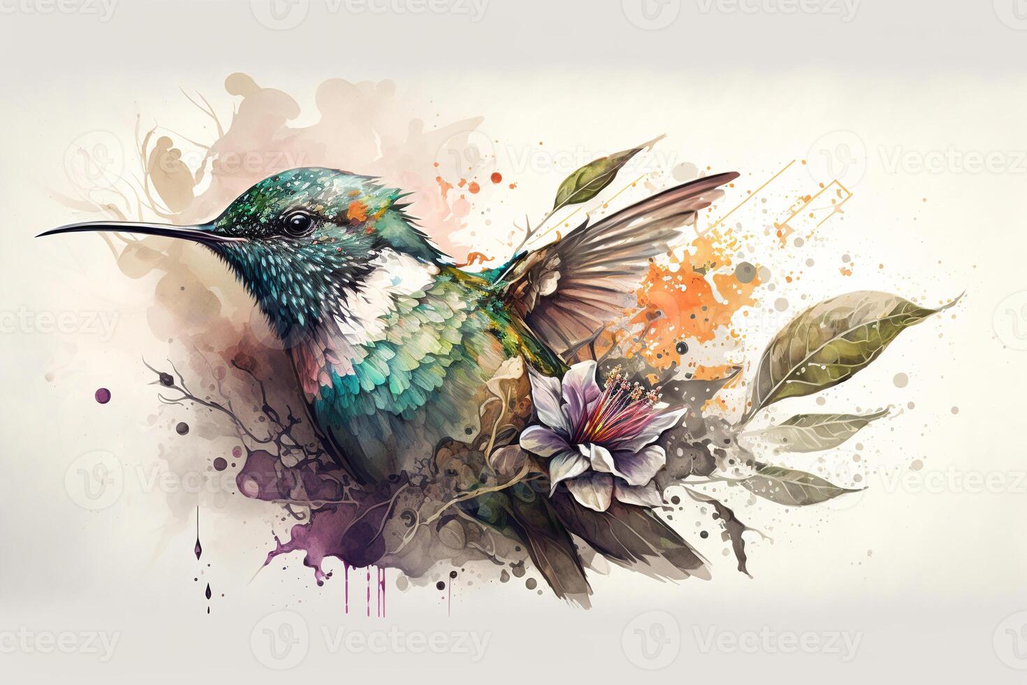 Flying hummingbird, beautiful small fast bird. watercolor illustration photo