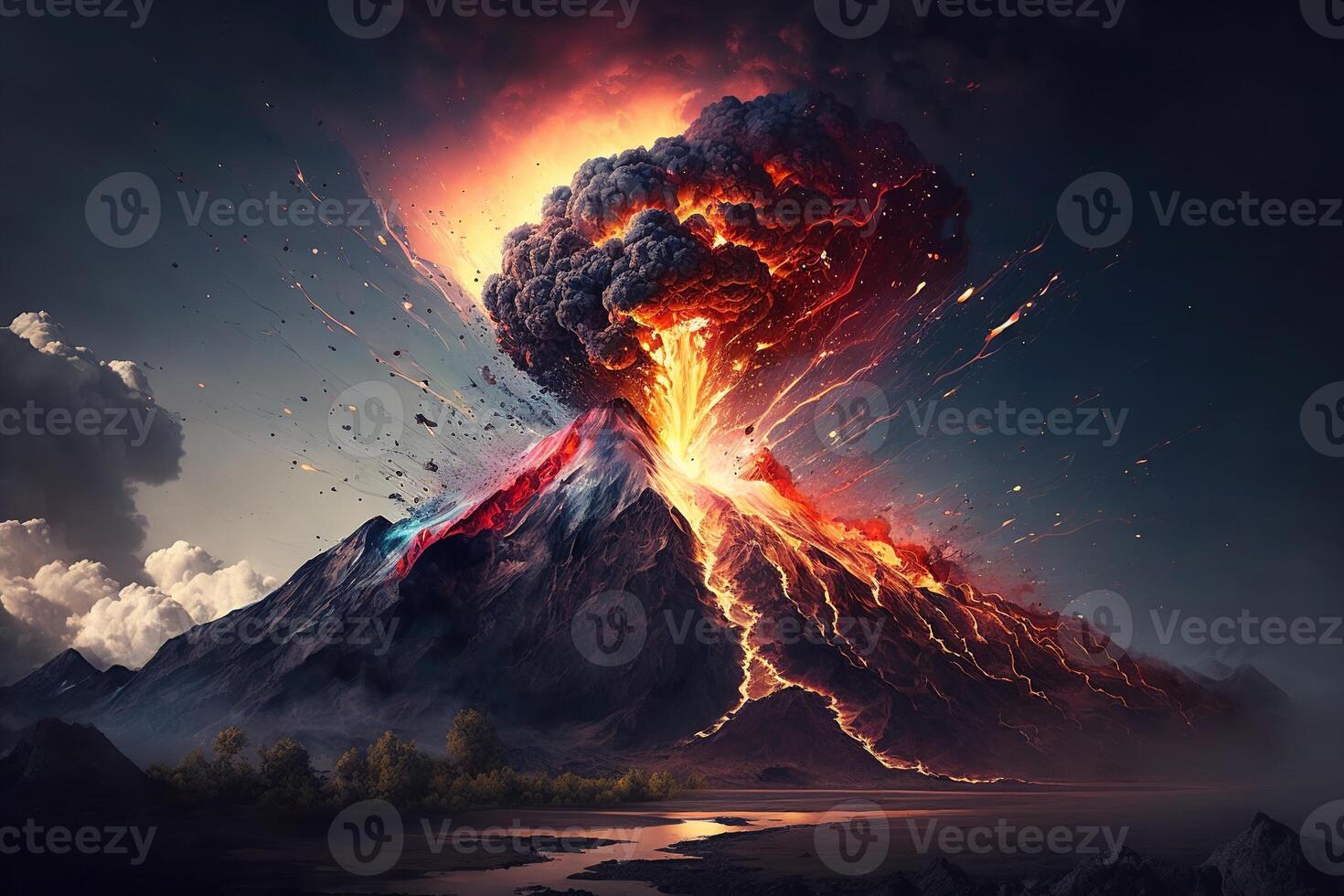 Explosion, volcanic eruption, fire and smoke on the mountain, natural disaster. photo