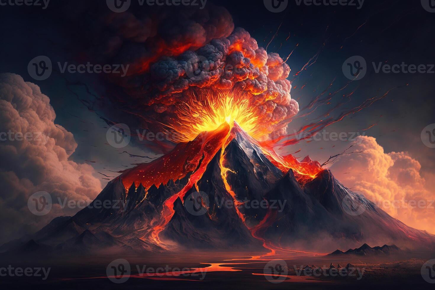 Volcanic eruption, fire, smoke and explosion on the mountain. photo