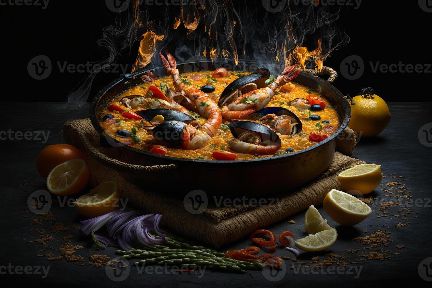 Hot spicy Paella, national Spanish dish of rice and seafood in frying pan. Food illustration still life photo