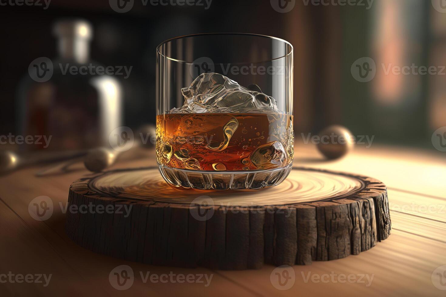 Glass of alcohol with ice standing on wooden podium on table, close-up. Luxury drink cognac or whiskey. photo