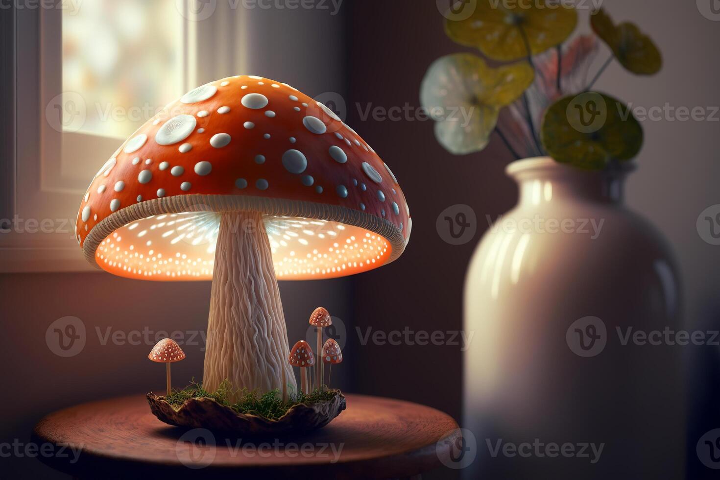 Beautiful red mushrooms growing on table at home on sunny day. Fungiculture, cultivation of poisonous psilocybin mushroom. photo