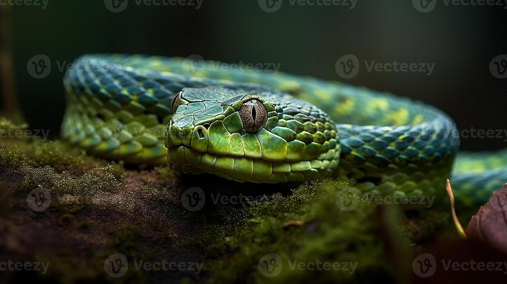 Wild Nature Poisonous Viper Tongue Spiral Snakes in close up portrait generated by ai photo
