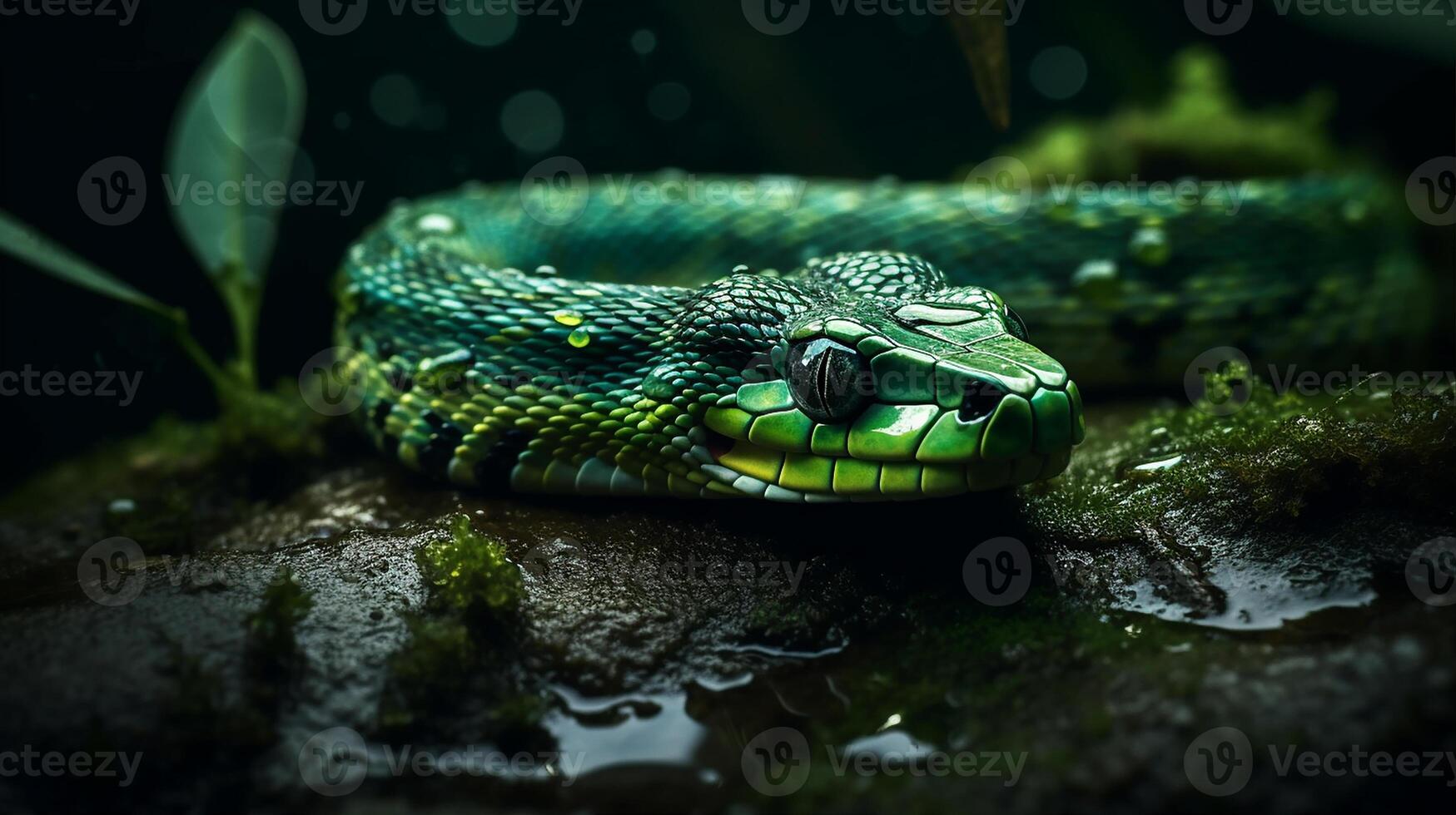 Wild Nature Poisonous Viper Tongue Spiral Snakes in close up portrait generated by ai photo