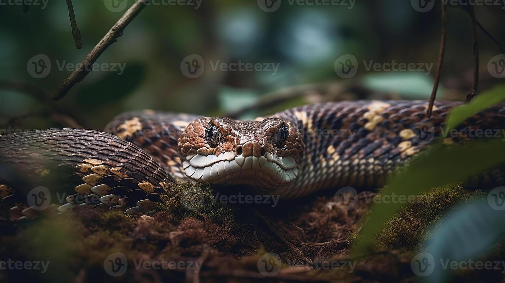 Wild Nature Poisonous Viper Tongue Spiral Snakes in close up portrait generated by ai photo
