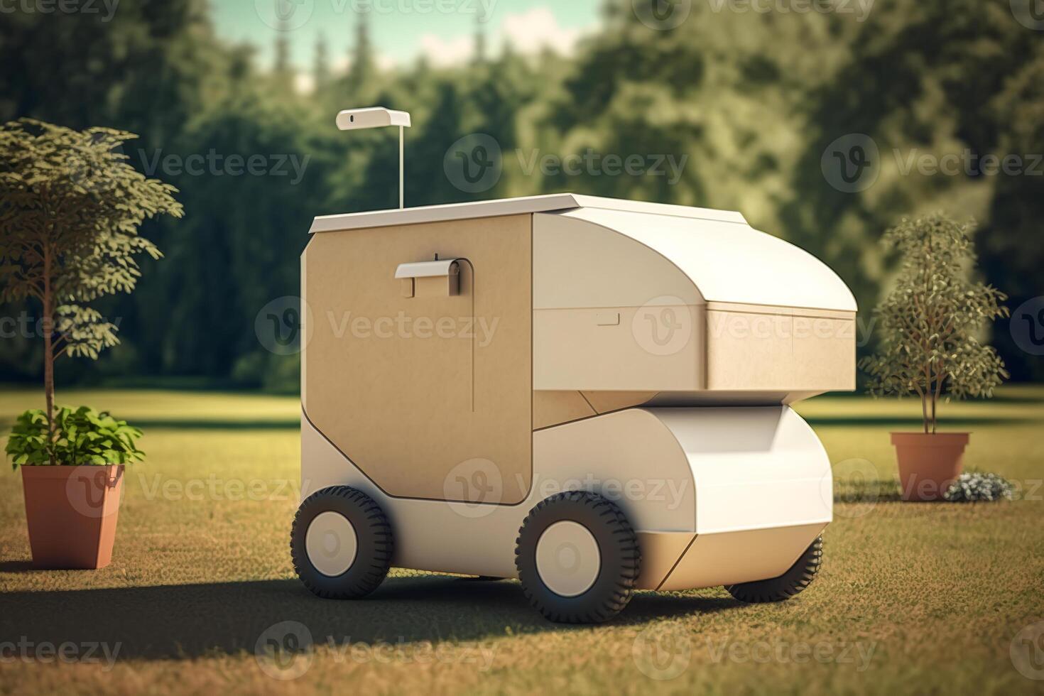 Robotic service, technology of future. Minimalistic cargo container robot parked on lawn outdoors. photo