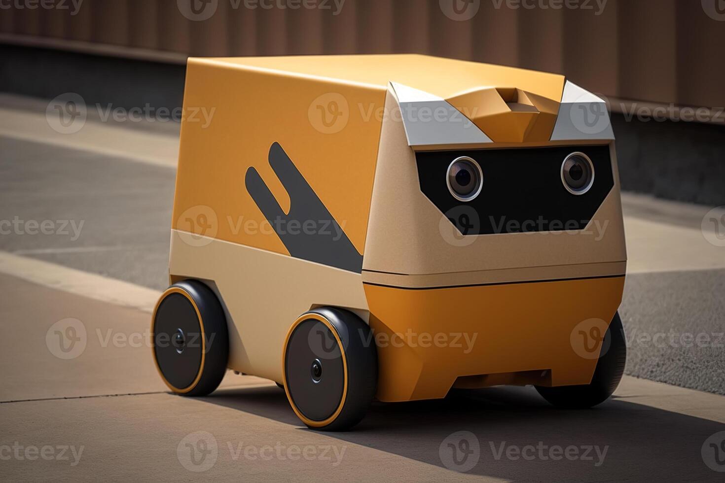 Cute funny robot courier delivery with camera eyes riding on sidewalk in street. Robotic service, technology of future. photo