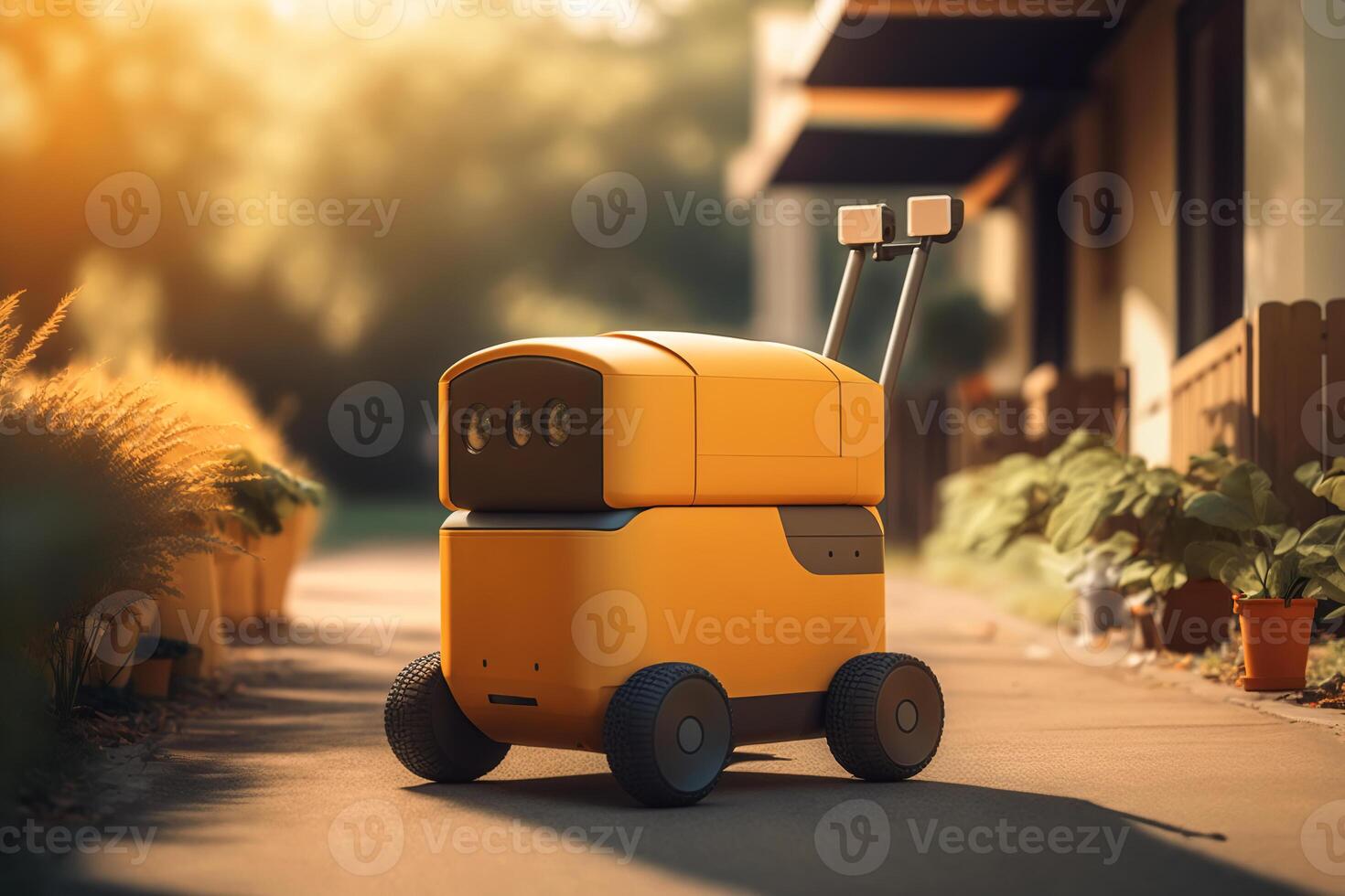 Robotic service, technology of future. Minimalistic yellow robot with camera eyes on sidewalk in street. photo