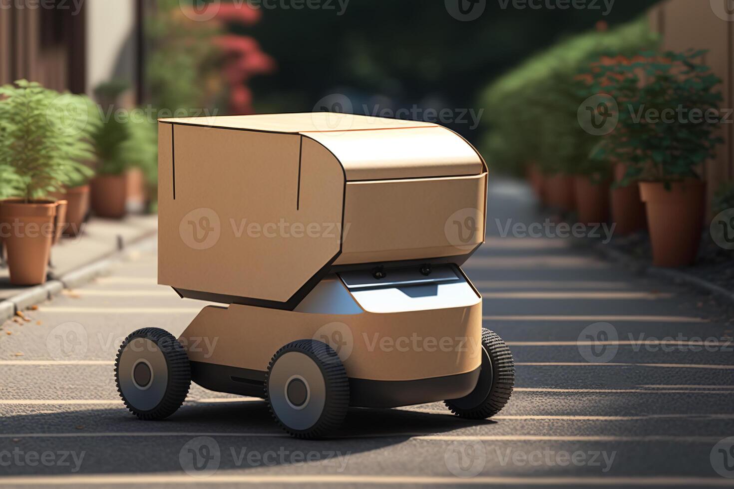 Modern minimalist robot courier with cargo container parked on road in street. Robotic delivery service, technology of future. photo