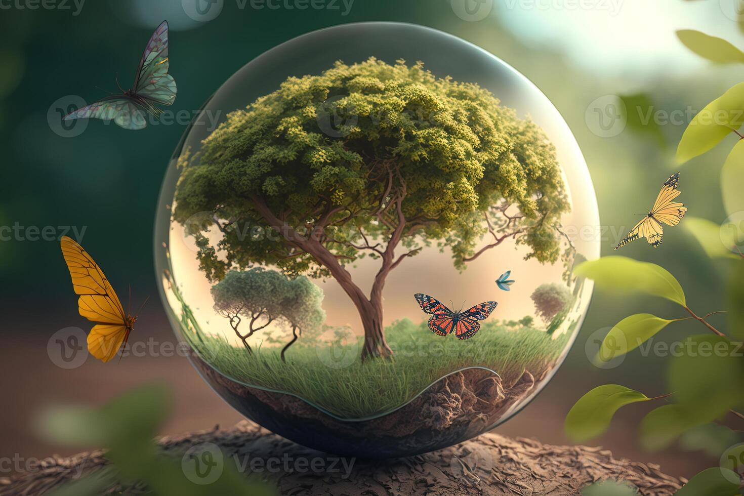 Close-up growing beautiful forest in glass ball and flying butterflies in nature outdoors. Spring season concept. photo