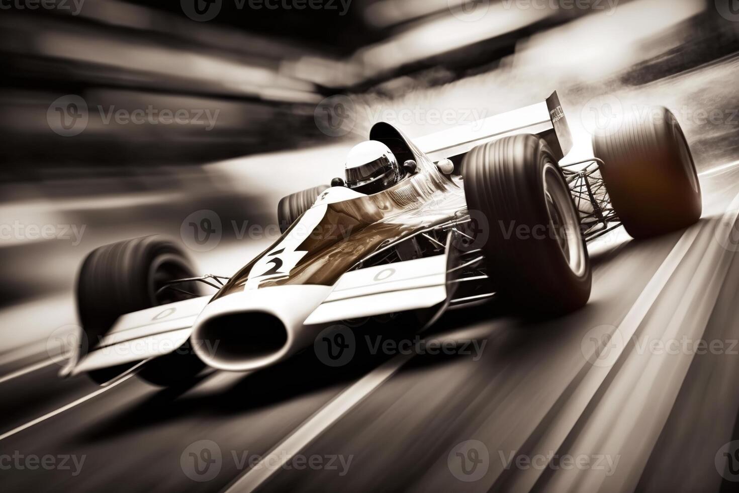 Formula 1 racing car with driver, motion blur. Monochrome illustration of photo