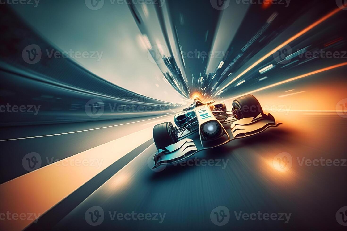 Front view of formula 1 racing car driving fast, motion blur. illustration photo