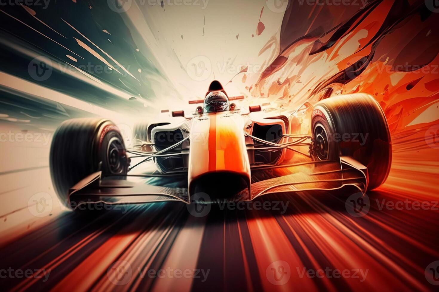 Front view of formula 1 race car with driver, high speed sports race. Blur in fast motion, colorful illustration photo