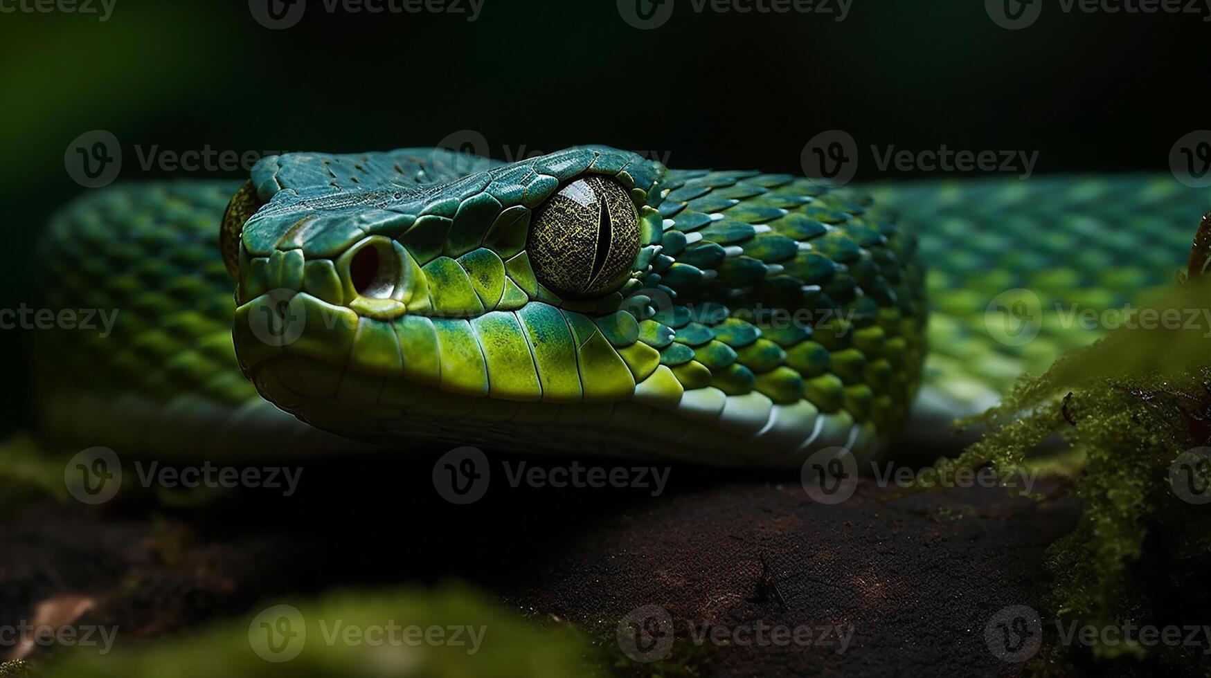 Wild Nature Poisonous Viper Tongue Spiral Snakes in close up portrait generated by ai photo