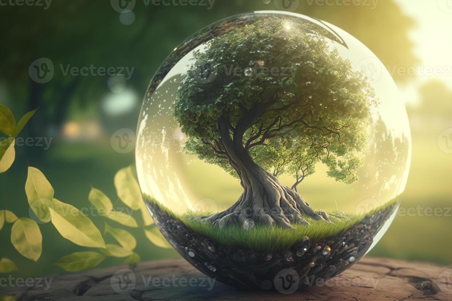 Nature, tree growing in glass sphere on sunny day in forest outdoors. Eco concept, save planet. photo