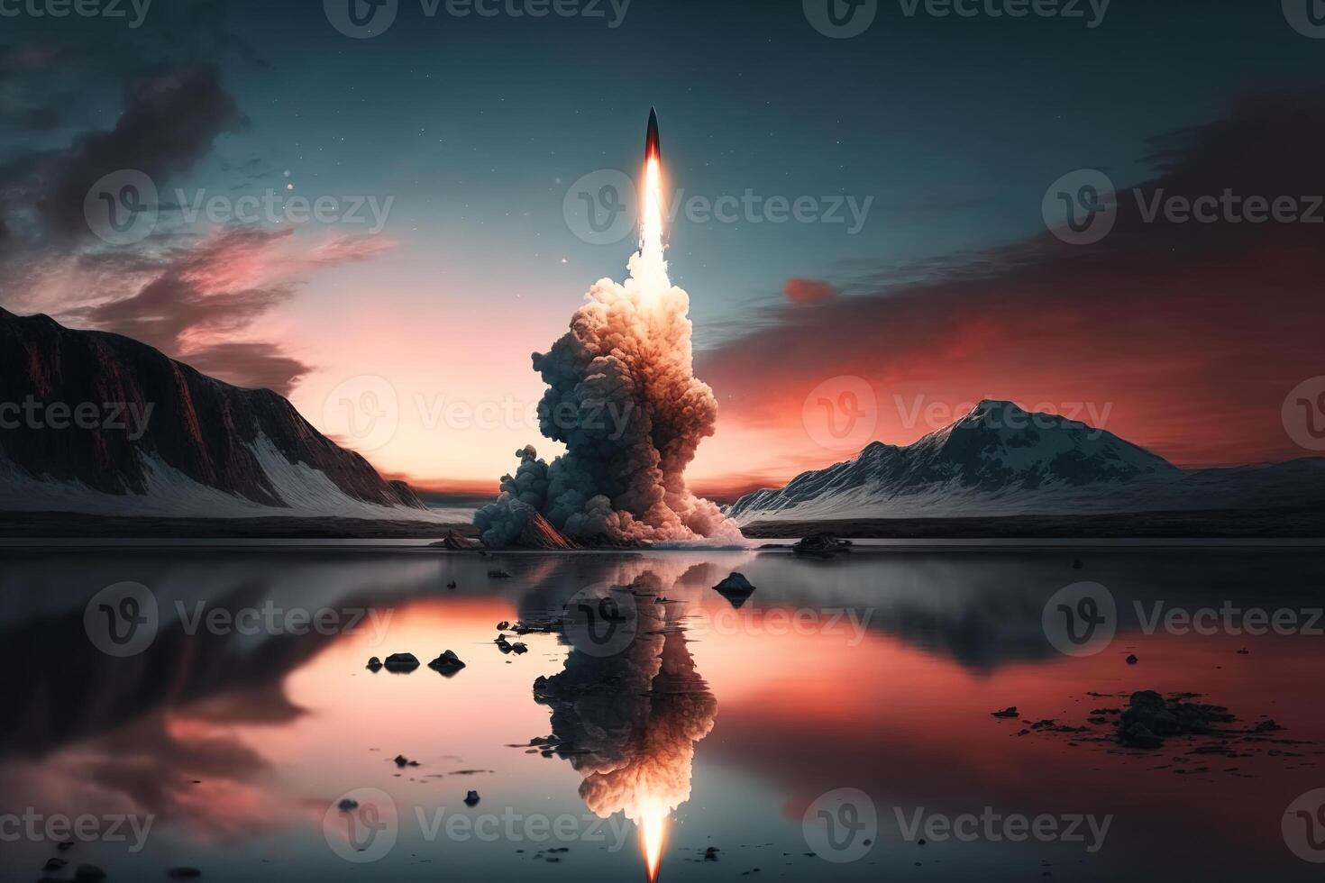 Launch of nuclear missile. Rocket weapon takeoff in mountains, photo