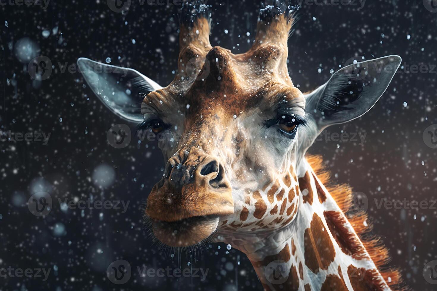 African giraffe face portrait during snowfall. Climate change, weather anomaly concept. Illustration created by photo