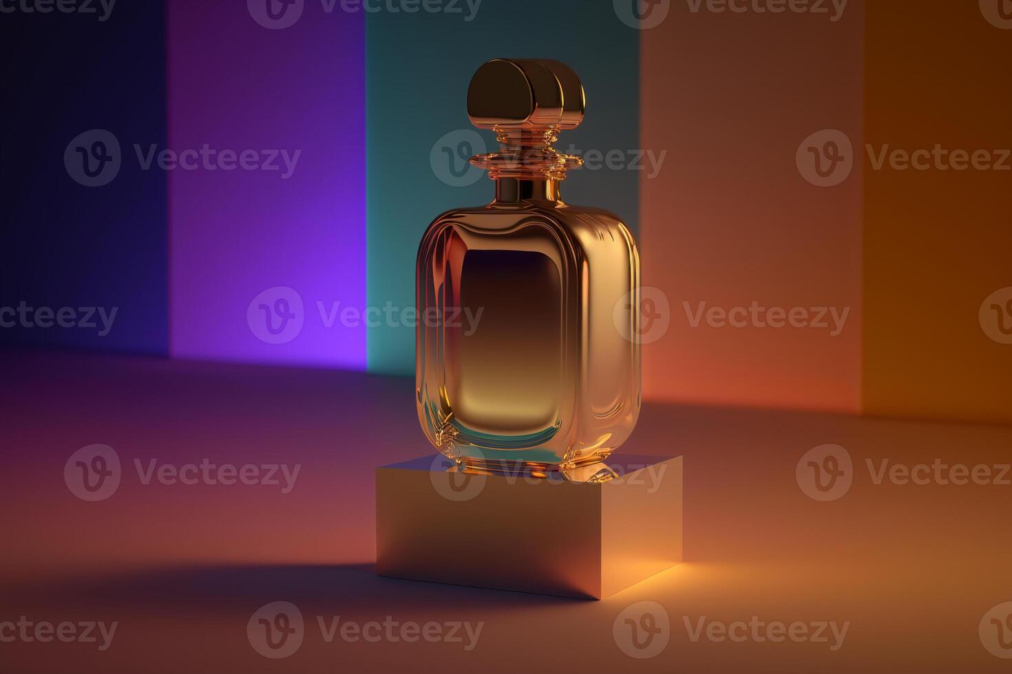 Golden bottle of luxury perfume on platform on color trendy background in muted palette. photo