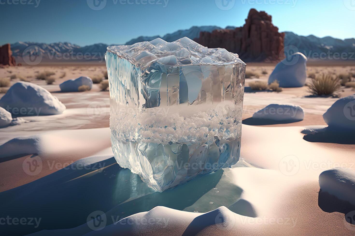 Concept of climate change, global warming. Close-up of ice melting in desert on hot sunny day. photo