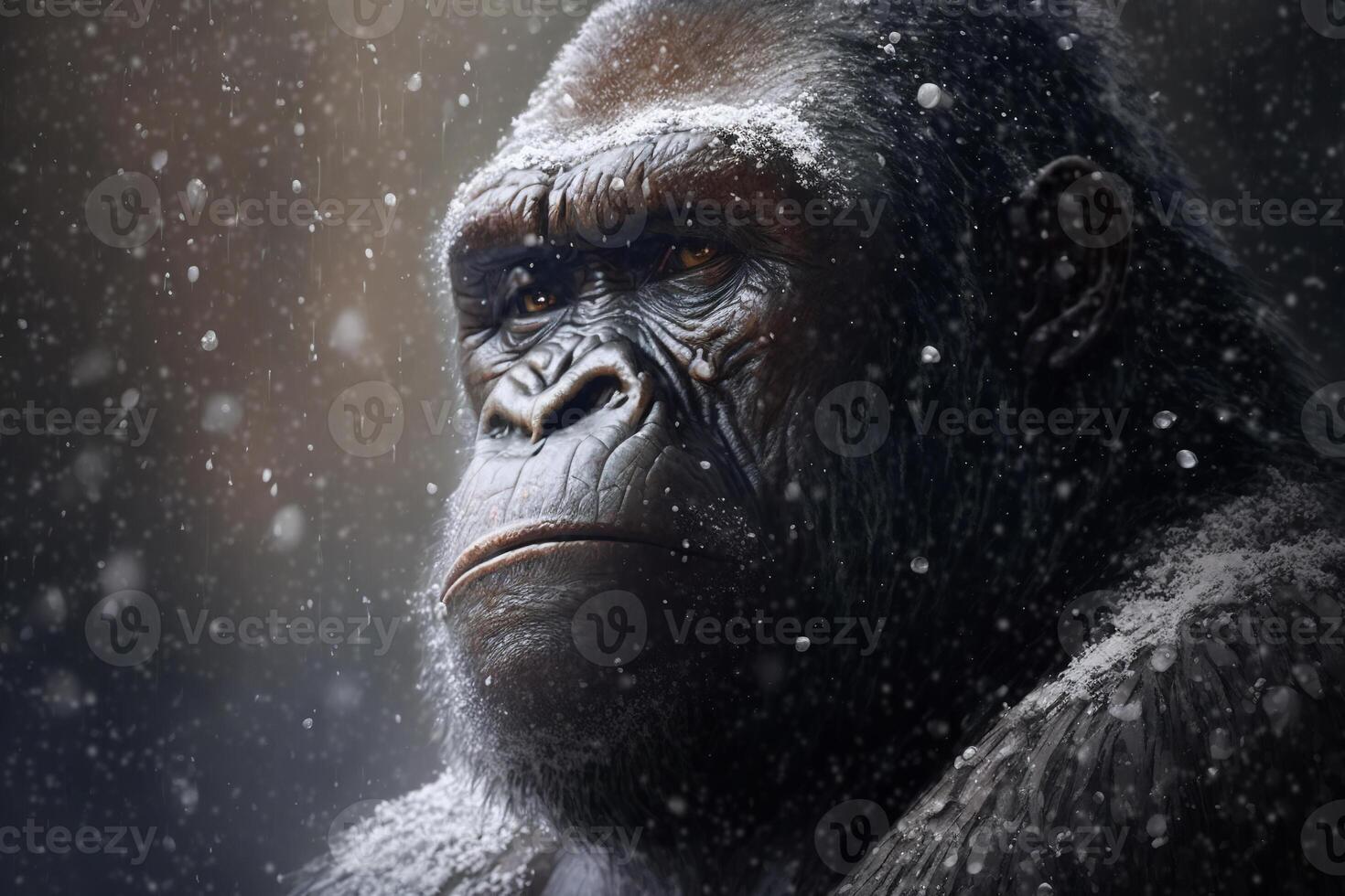 Sad African gorilla in snowfall outdoors, close-up portrait. Great tropical monkey, primate animal. Created by photo