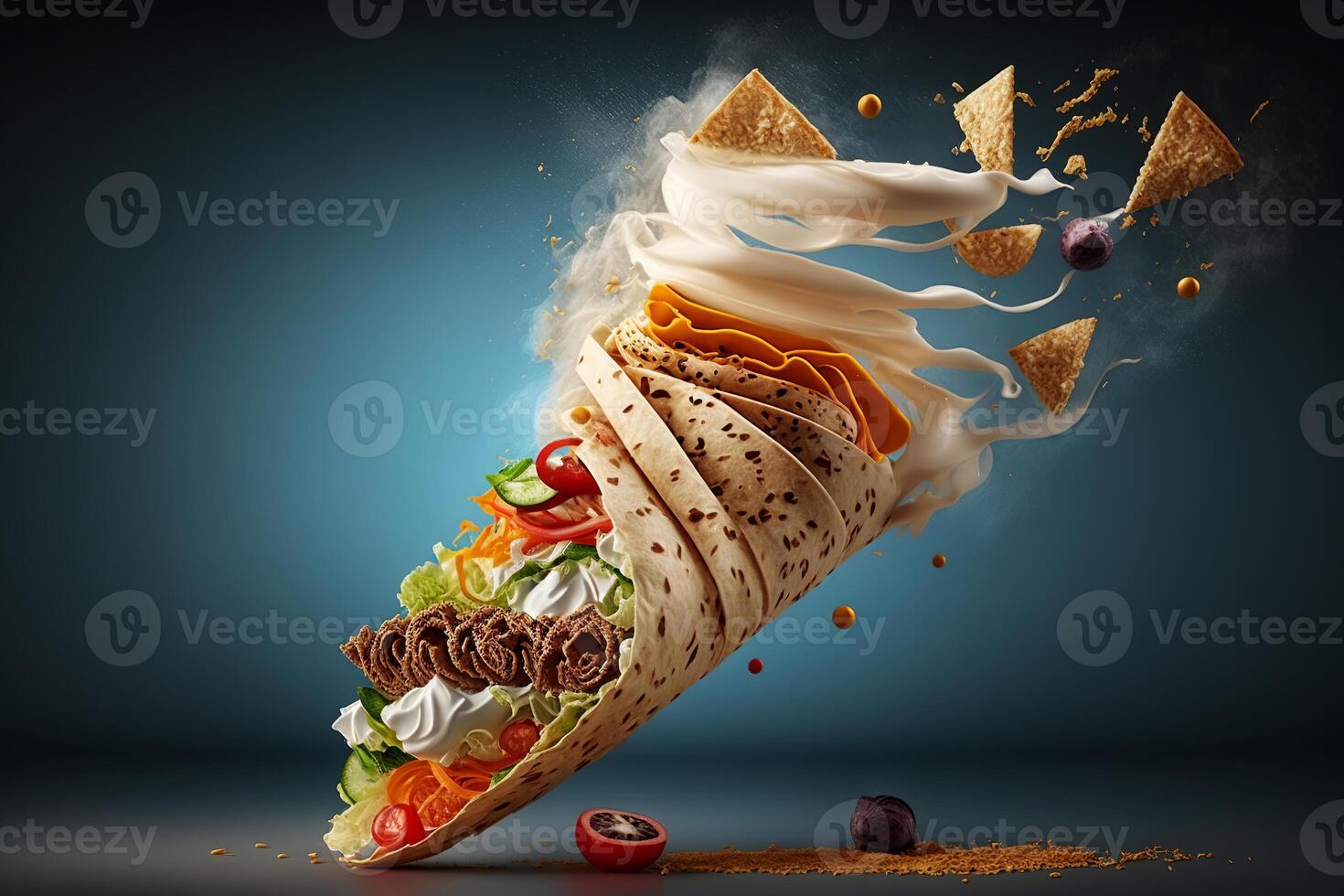 Shawarma, kebab with ingredients flying in air. Chicken doner in pita bread, fast food. Created by photo