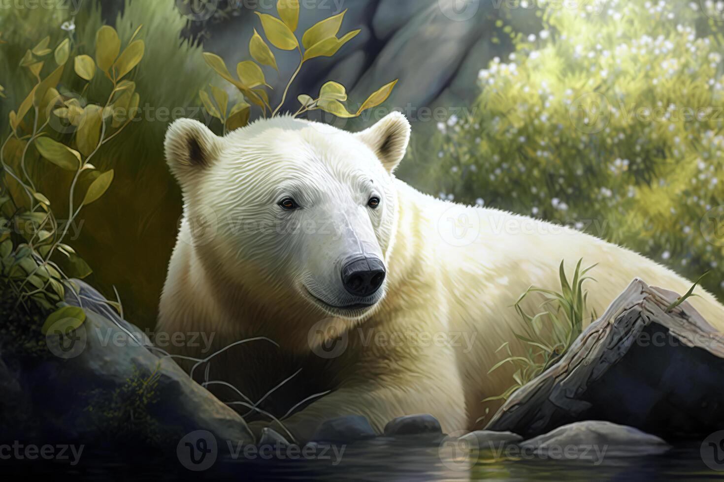 Tired northern polar bear lying in melted water on sunny hot summer in forest. Wildlife and global warming, climate problem concept. Illustration created by photo