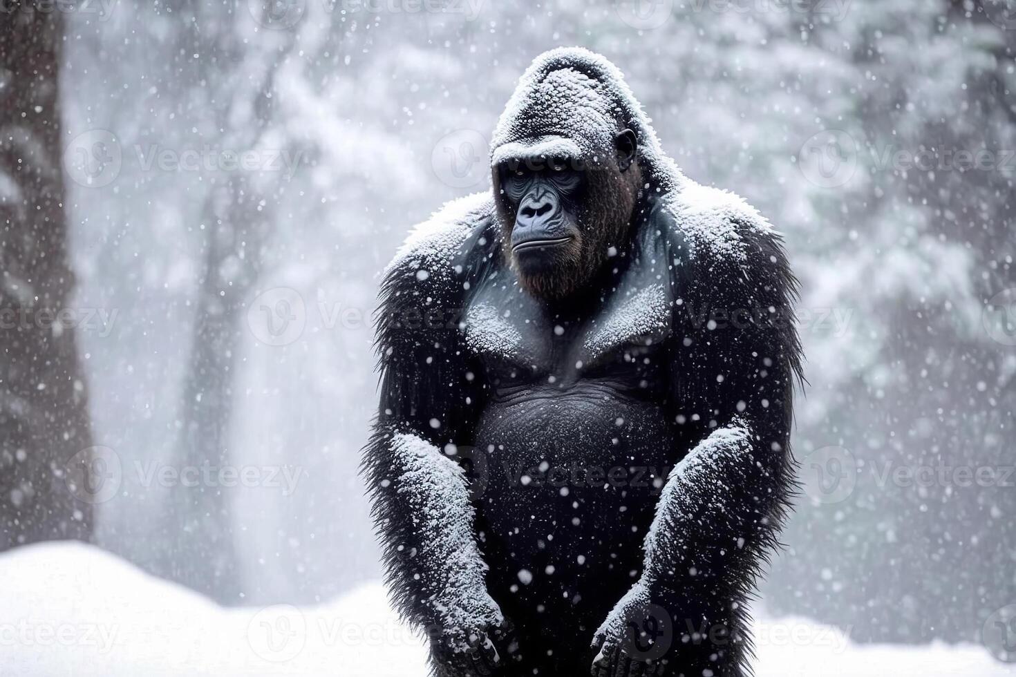 Wildlife and climate change, eco problem concept. Sad african gorilla freezing outdoors in winter. Tropical monkey in snowfall cold season. Created by photo