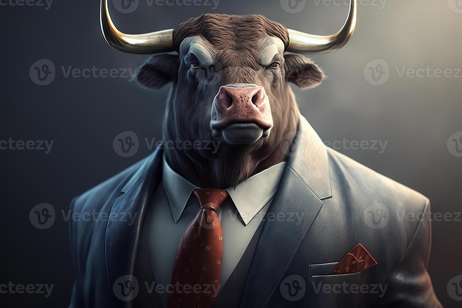 Portrait of business bull with horns wearing jacket and tie. Animal illustration created by photo