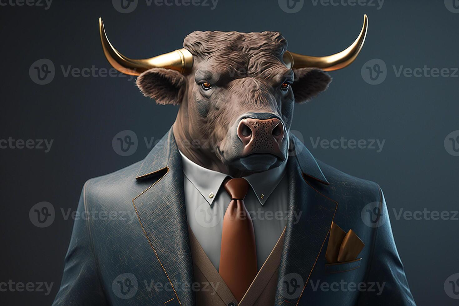 Business Bull with golden horns in expensive suit, jacket and tie. Allegory to stock market exchange financial concept. Illustration created by photo