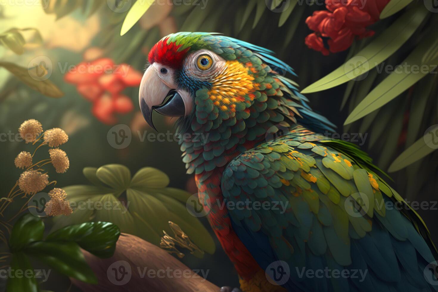 Portrait of beautiful colored tropical parrot sitting on branch outdoors on sunny day. Exotic bird in jungle looking at camera. photo