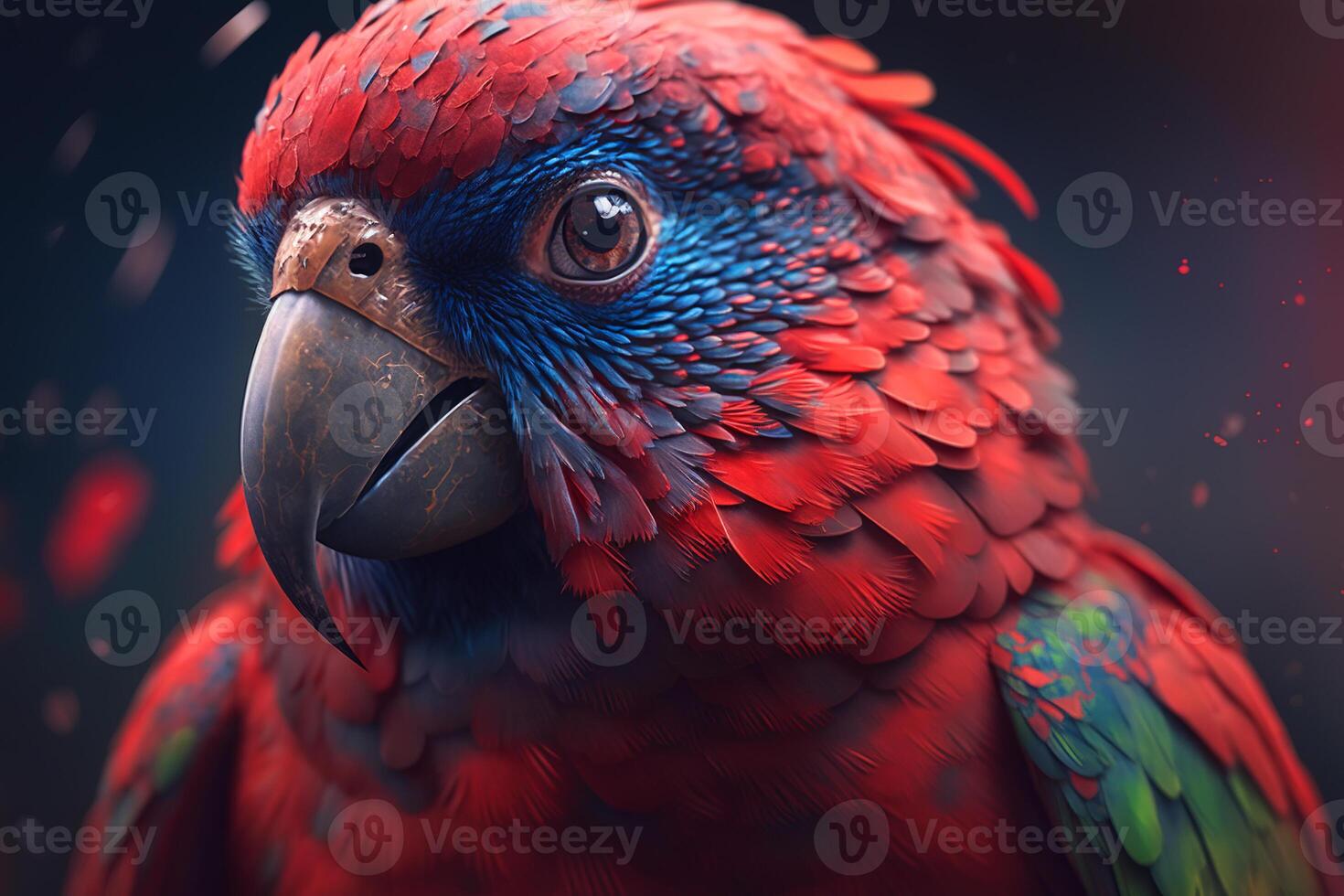 Portrait head of beautiful red tropical parrot with beak looking at camera, outdoors. Close-up exotic bird. photo