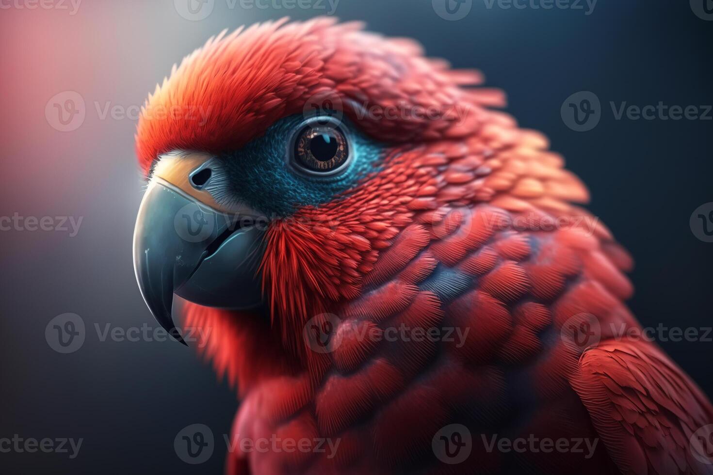 Portrait of cute beautiful red tropical parrot outdoors. Close-up head of an exotic bird with beak looking at camera. photo