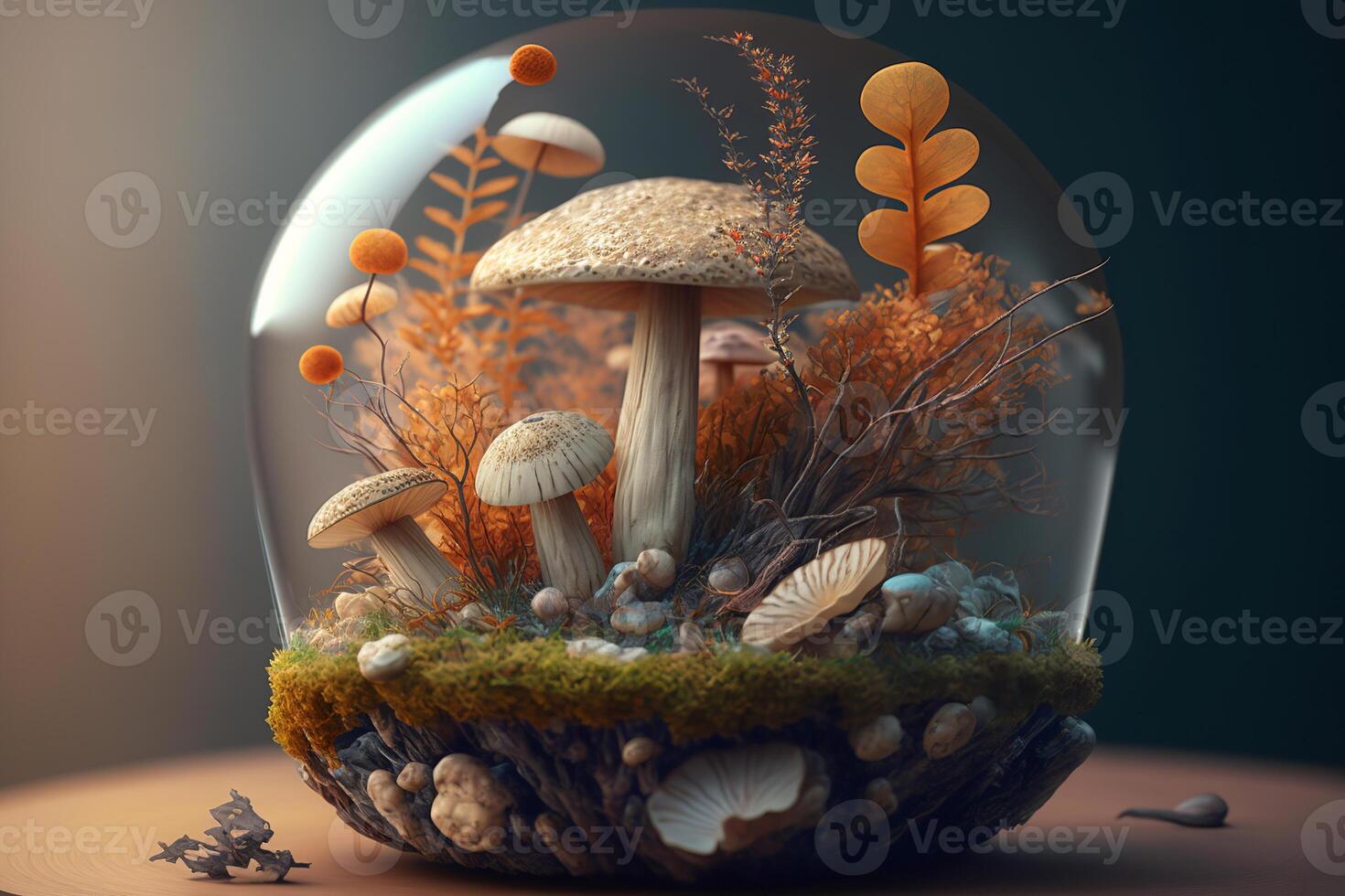 Close-up of mushrooms growing in glass sphere indoors. photo
