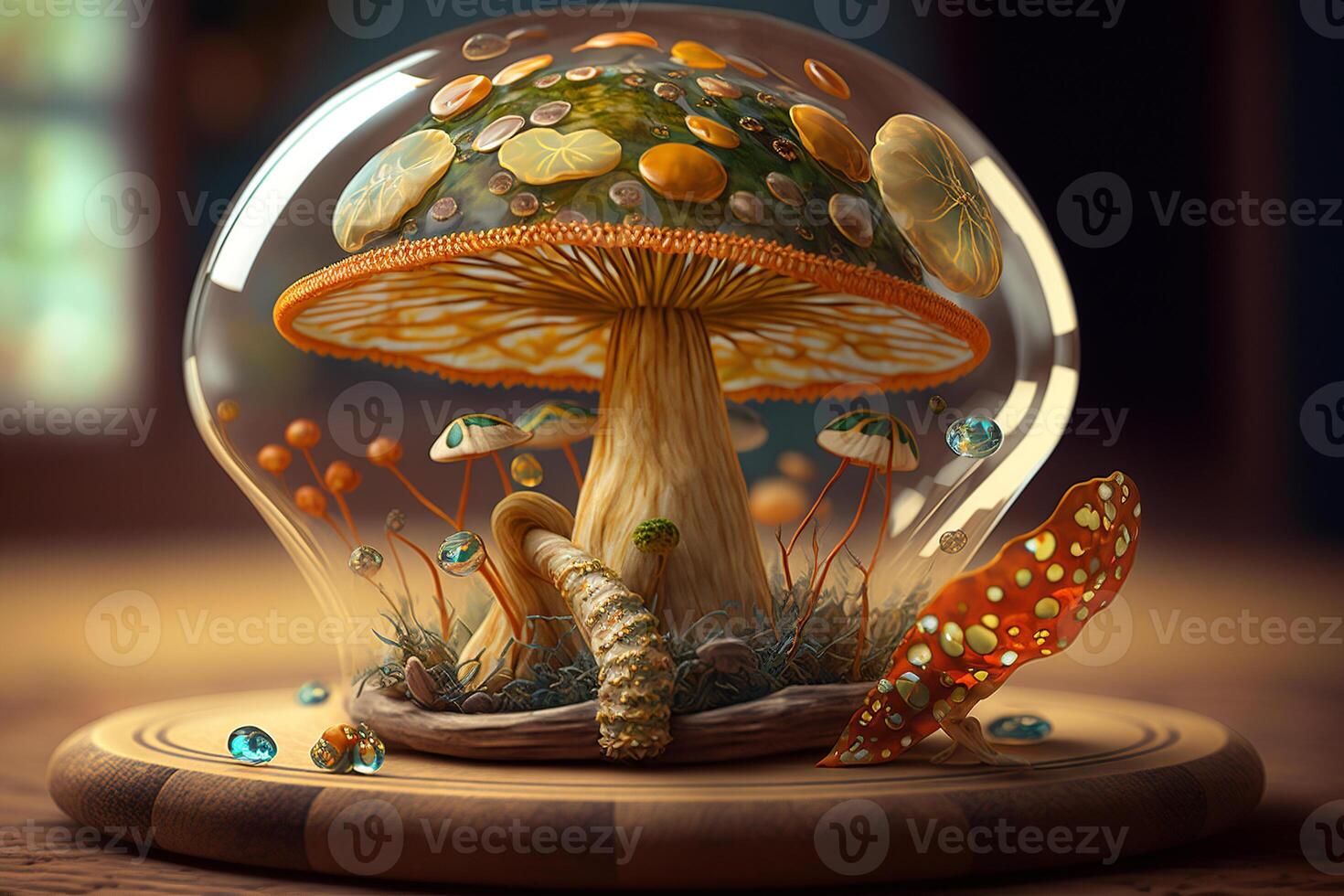 Fantastic mushrooms growing in a glass dome on a table indoors. photo