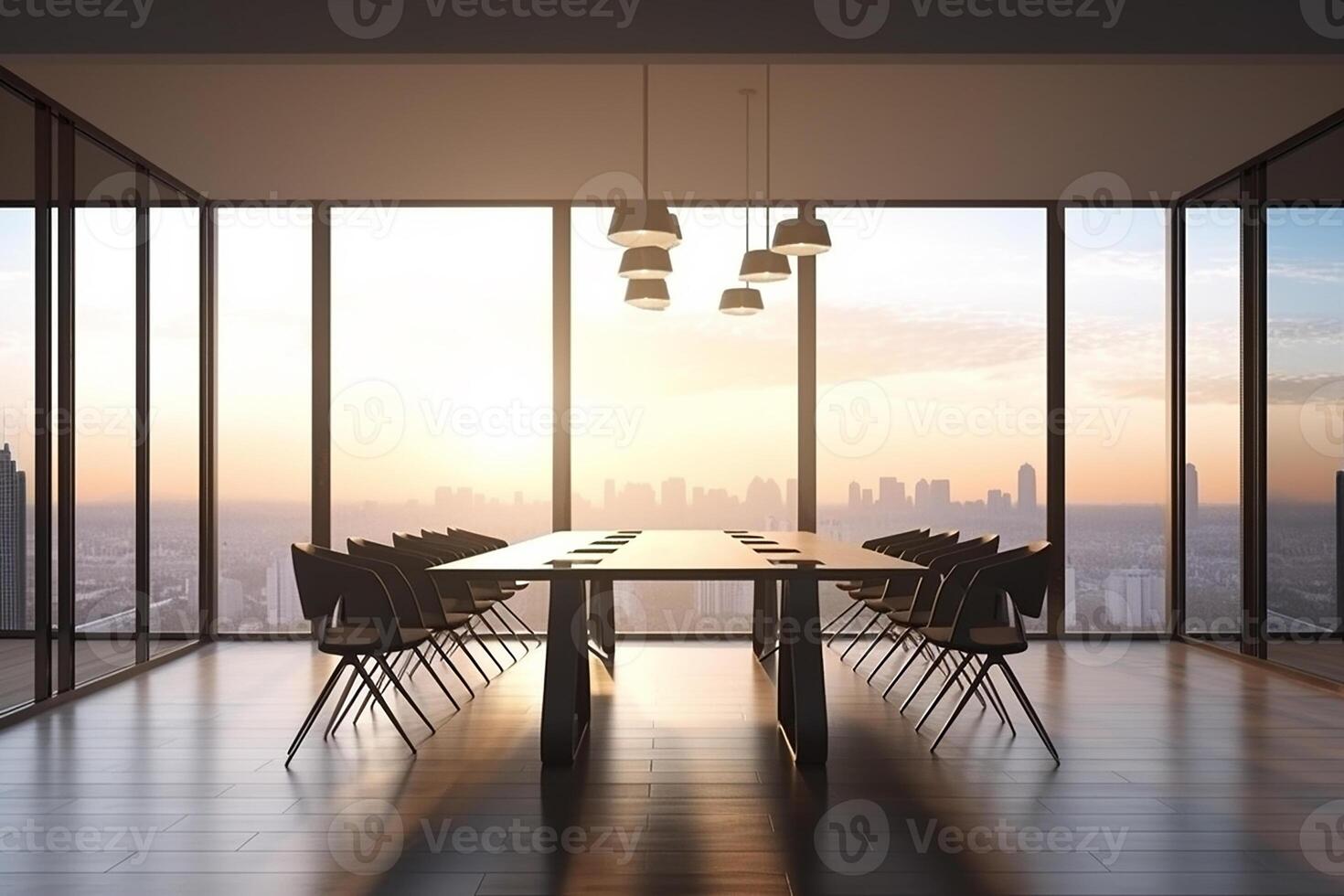 Close up of conference room with the table, armchairs and a large window. photo