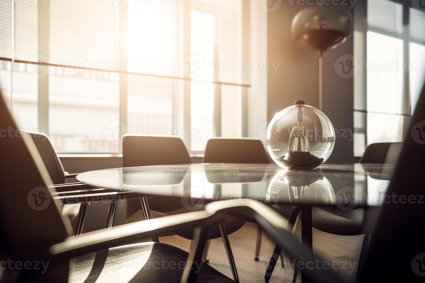 Close up of conference room with the table, armchairs and a large window. photo