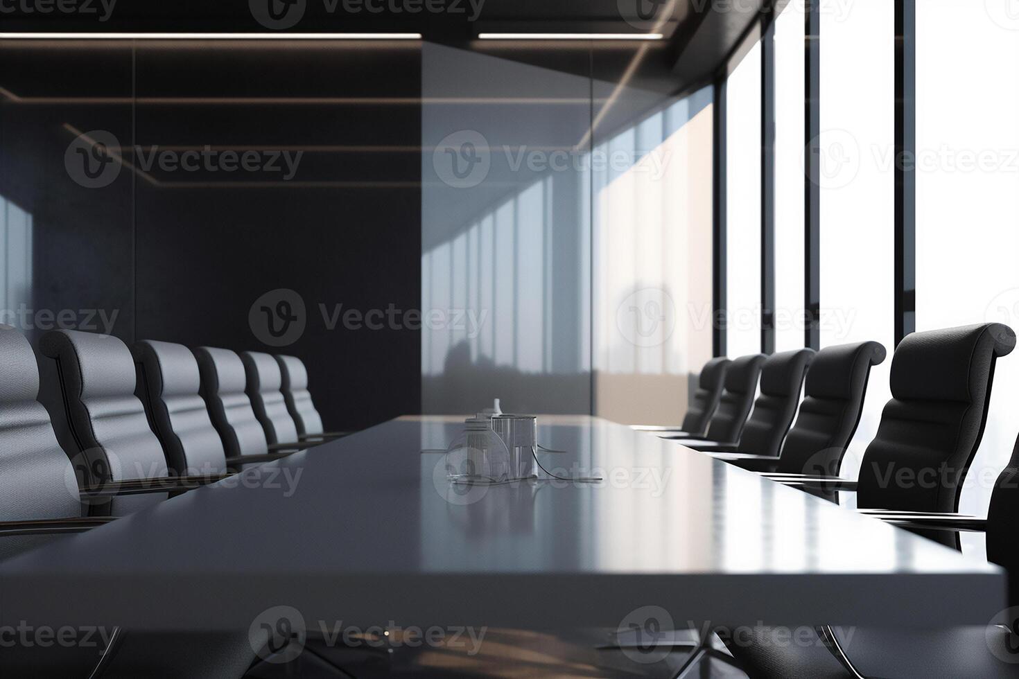 Close up of conference room with the table, armchairs and a large window. photo