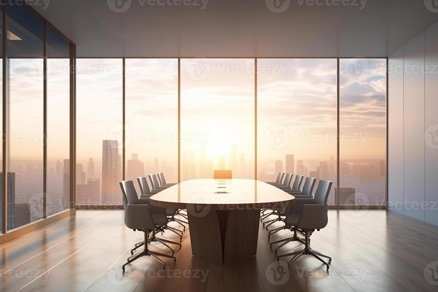 Close up of conference room with the table, armchairs and a large window. photo