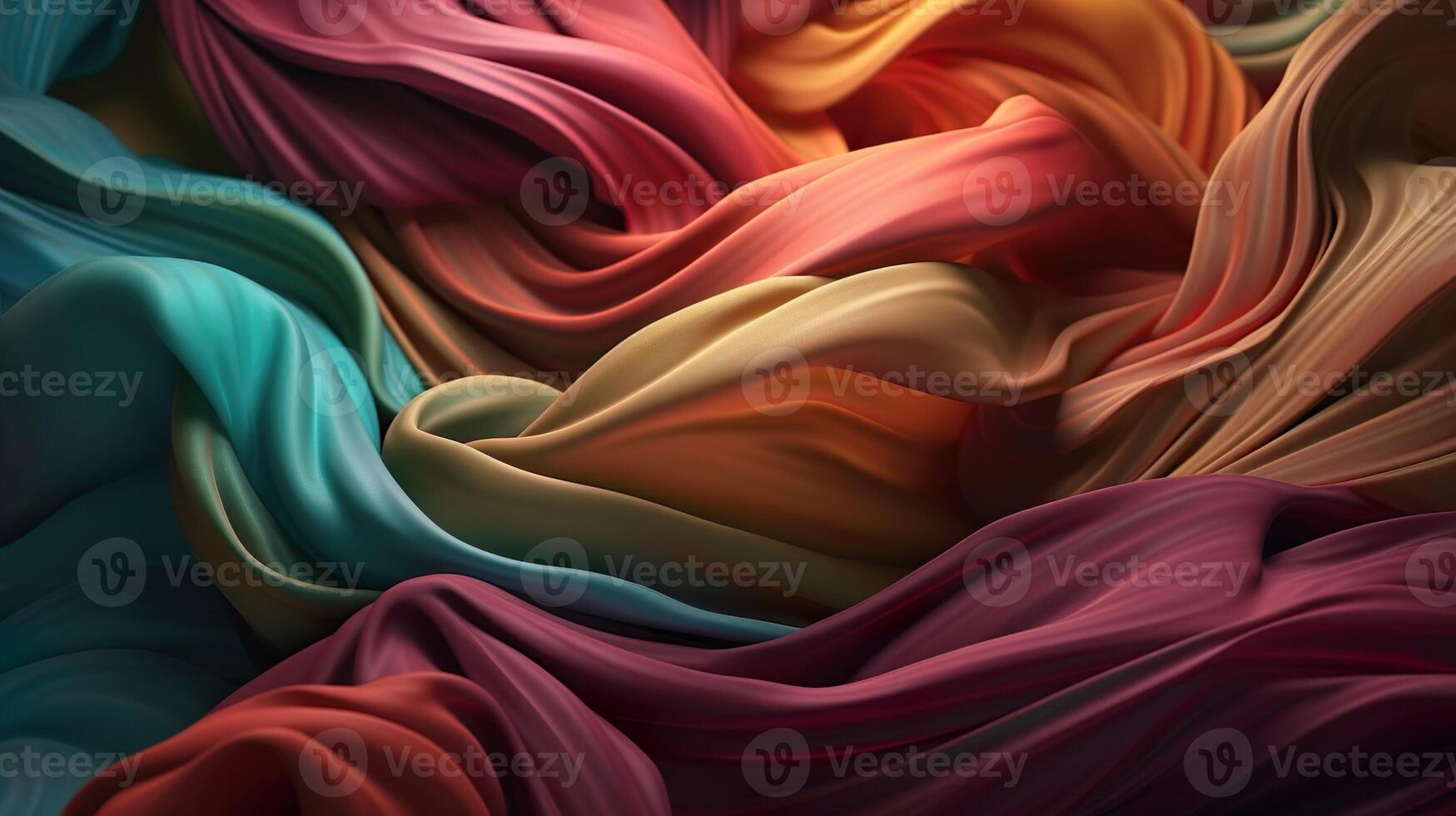 Abstract background with colorful drapery of silk or satin textile with flowing folds. Elegant curve curtains material modern wallpaper. Horizontal illustration for banner design. . photo