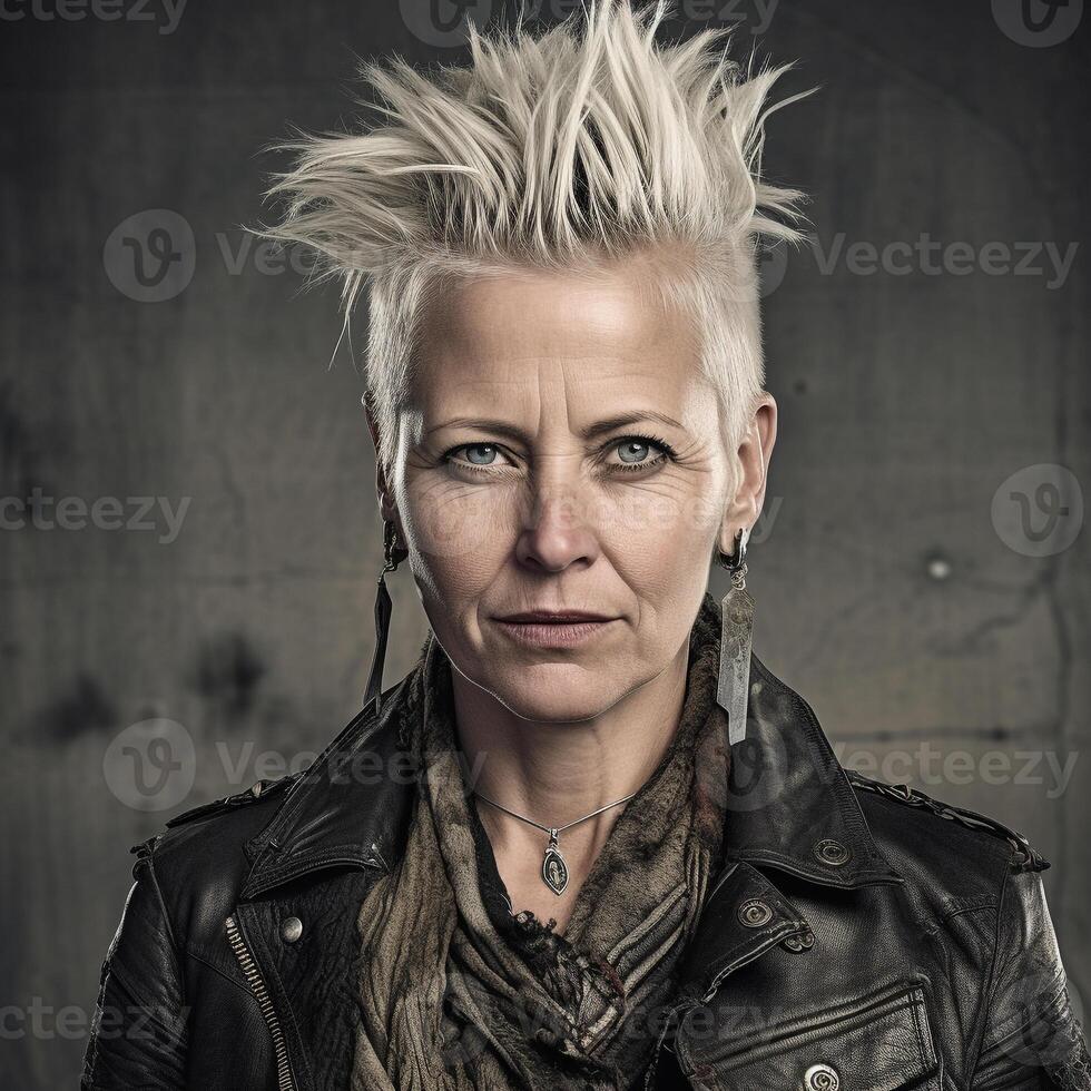 Portrait Middle-Aged Punk Woman With White Hair and Leather Jacket photo