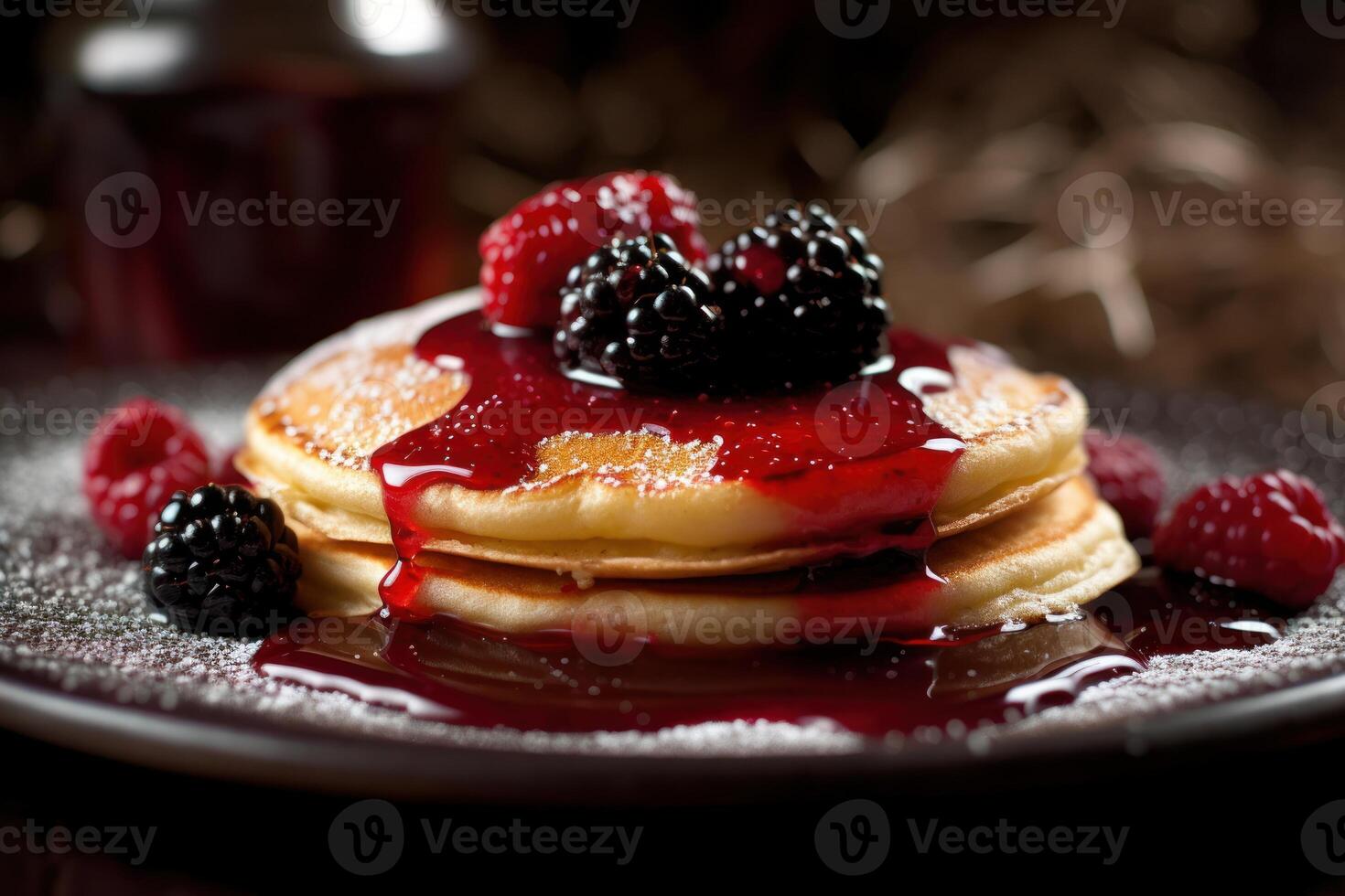 stock photo of warm pancake with blackberry syrup food photography