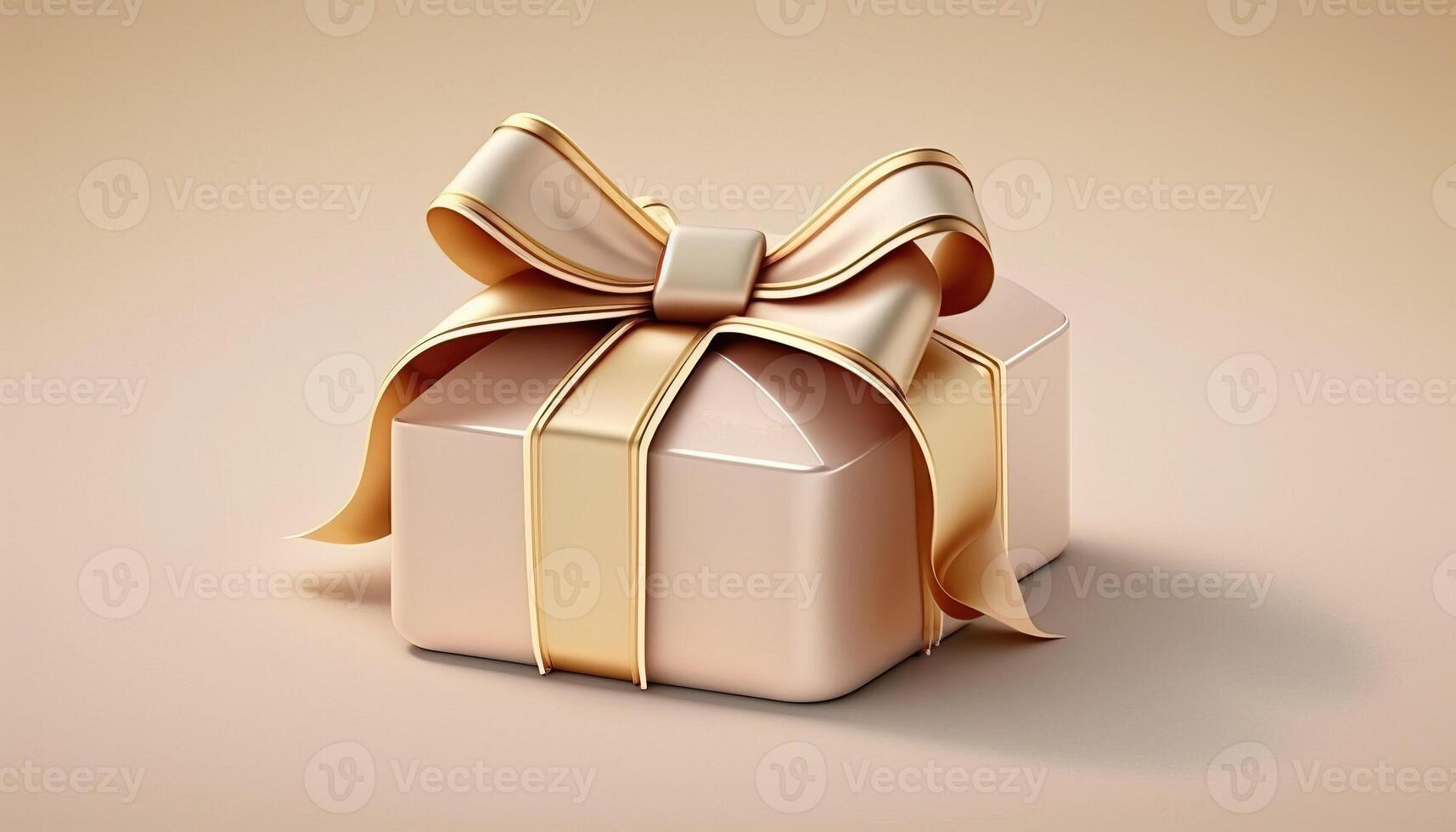 3D gift box, gold ribbon bow on gold pastel background. Present mockup for cosmetic product. Copy space banner Birthday, valentine or Christmas. photo