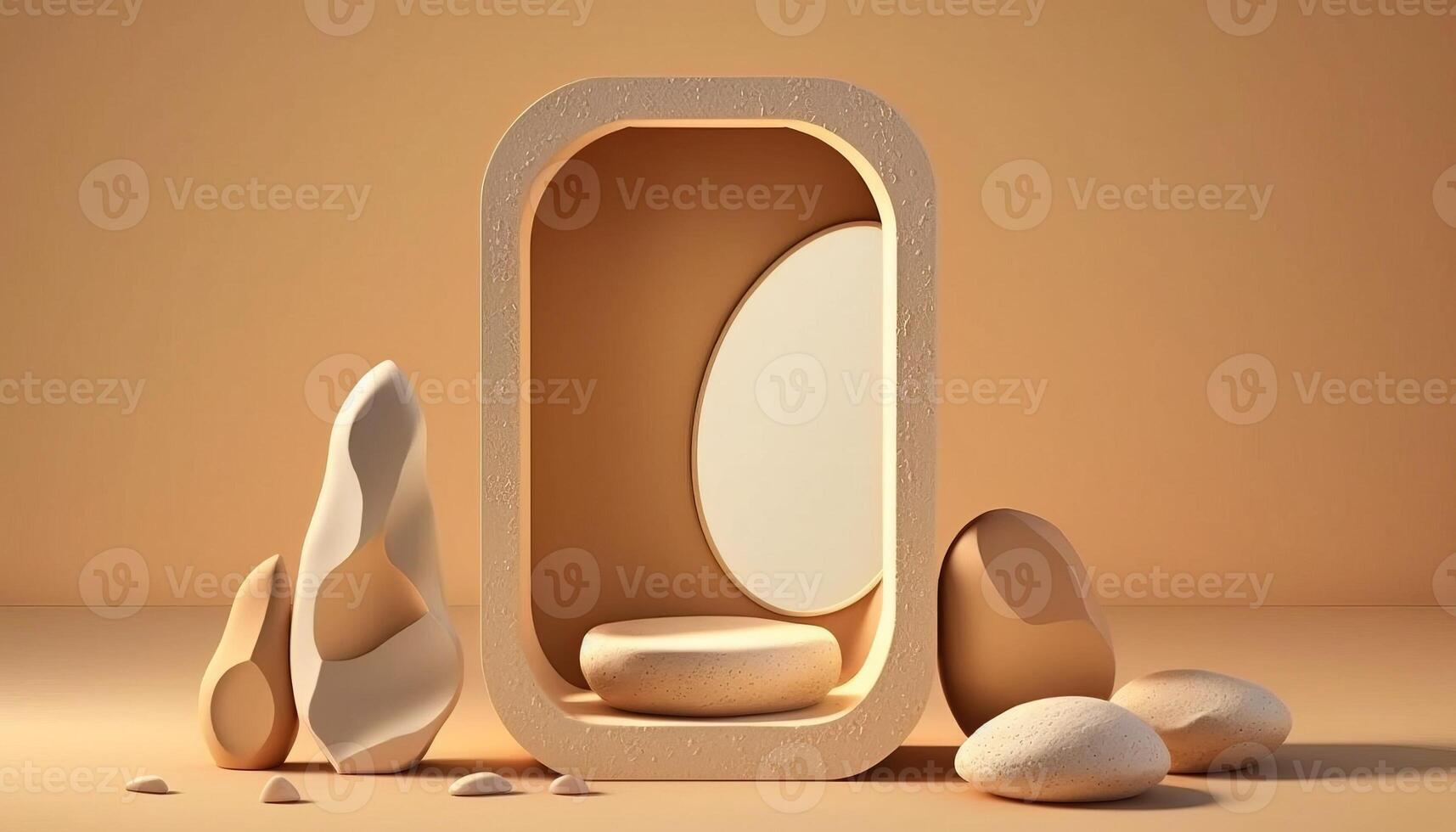 3D podium stone display on brown background. Brown rock, cosmetic beauty product promotion pedestal. Podium showcase. Abstract minimal studio render. photo