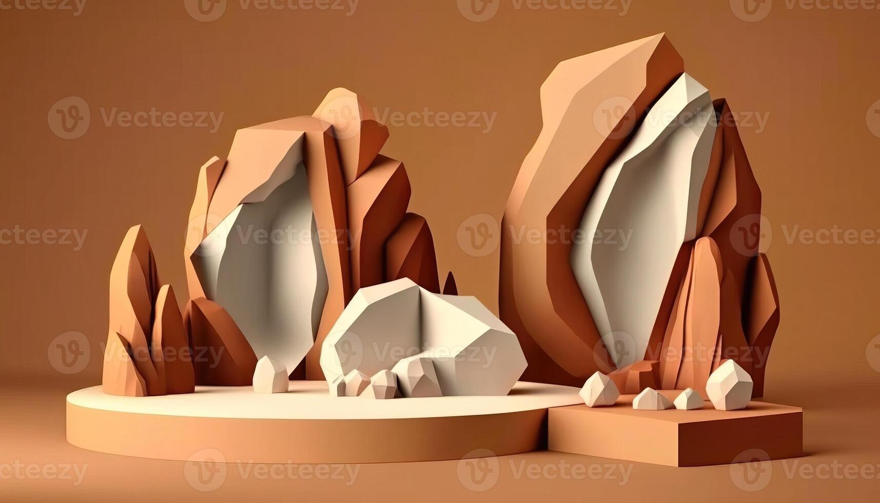 3D podium stone display on brown background. Brown rock, cosmetic beauty product promotion pedestal. Podium showcase. Abstract minimal studio render. photo