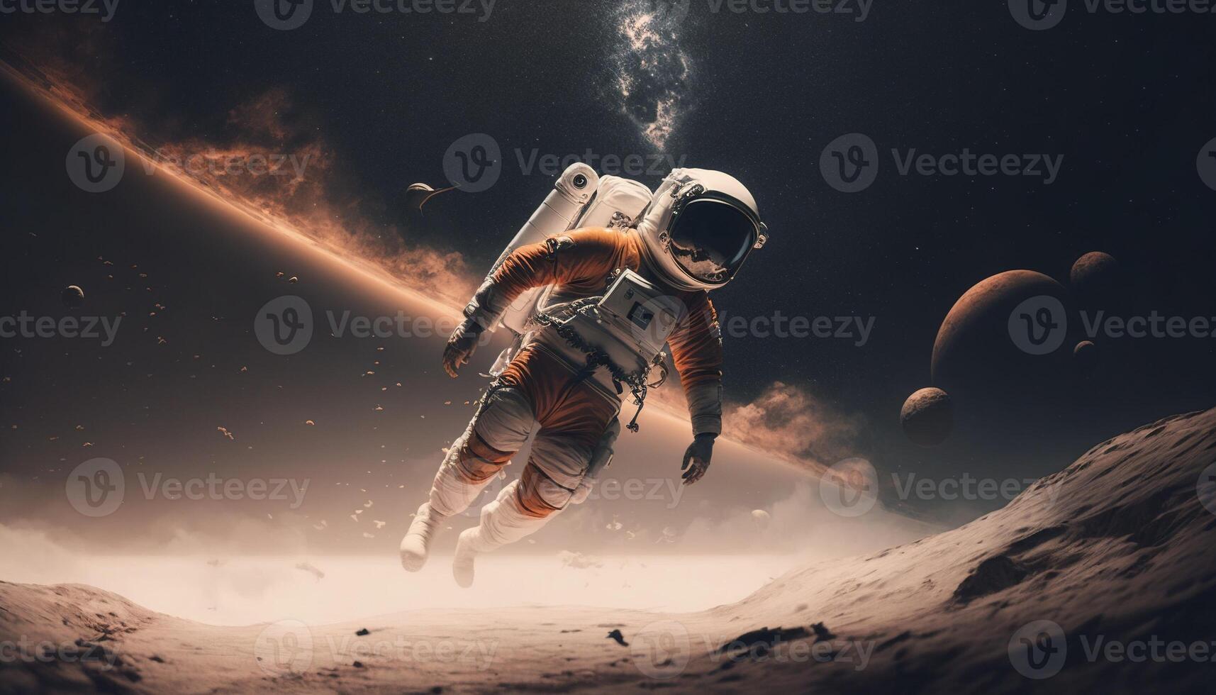 Astronaut Floating In Space, Brown Landscape, 4K. photo