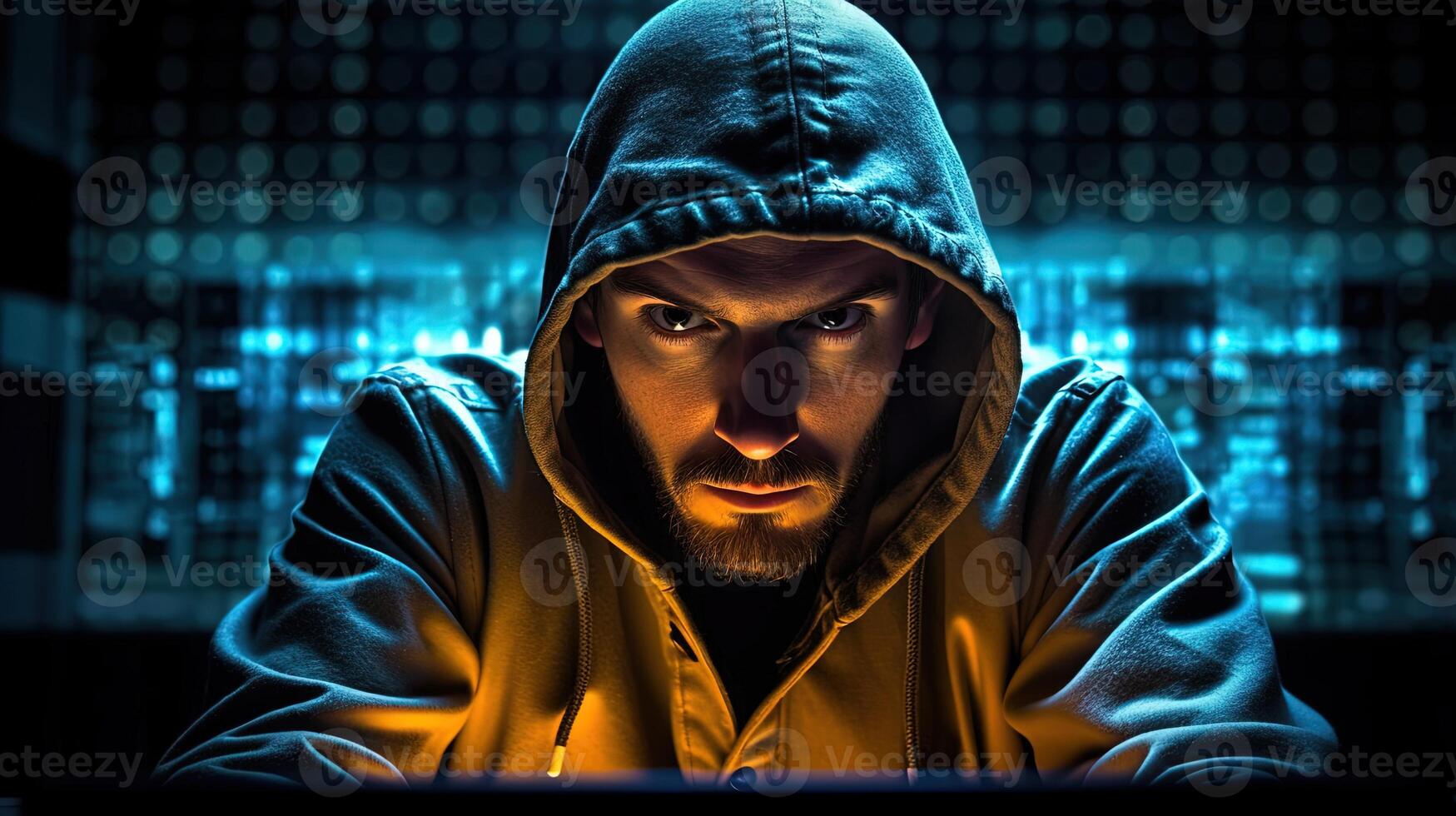 hacker hombre en capucha en azul digital antecedentes. Internet, ciber delito, ciber ataque, sistema, juego, rotura y malware concepto. futurista holográfico interfaz a monitor datos. generativo ai. foto