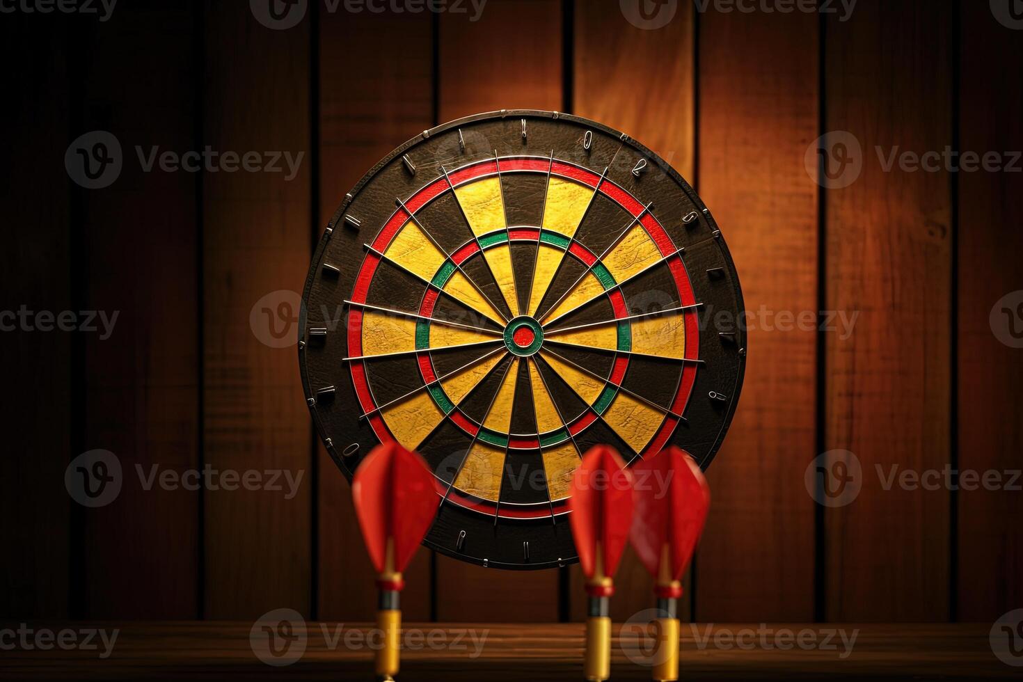 A Colorful Dartboards with Three Darts Missed Off on Brown Wooden Background. . photo