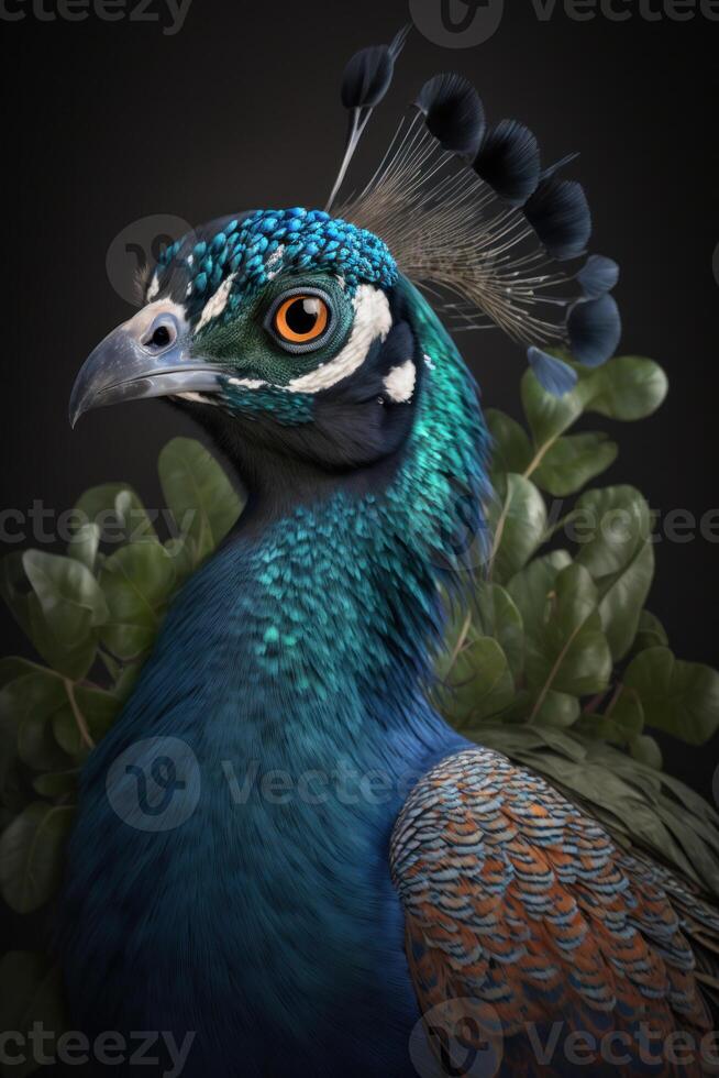 Peacock portrait on dark background. photo