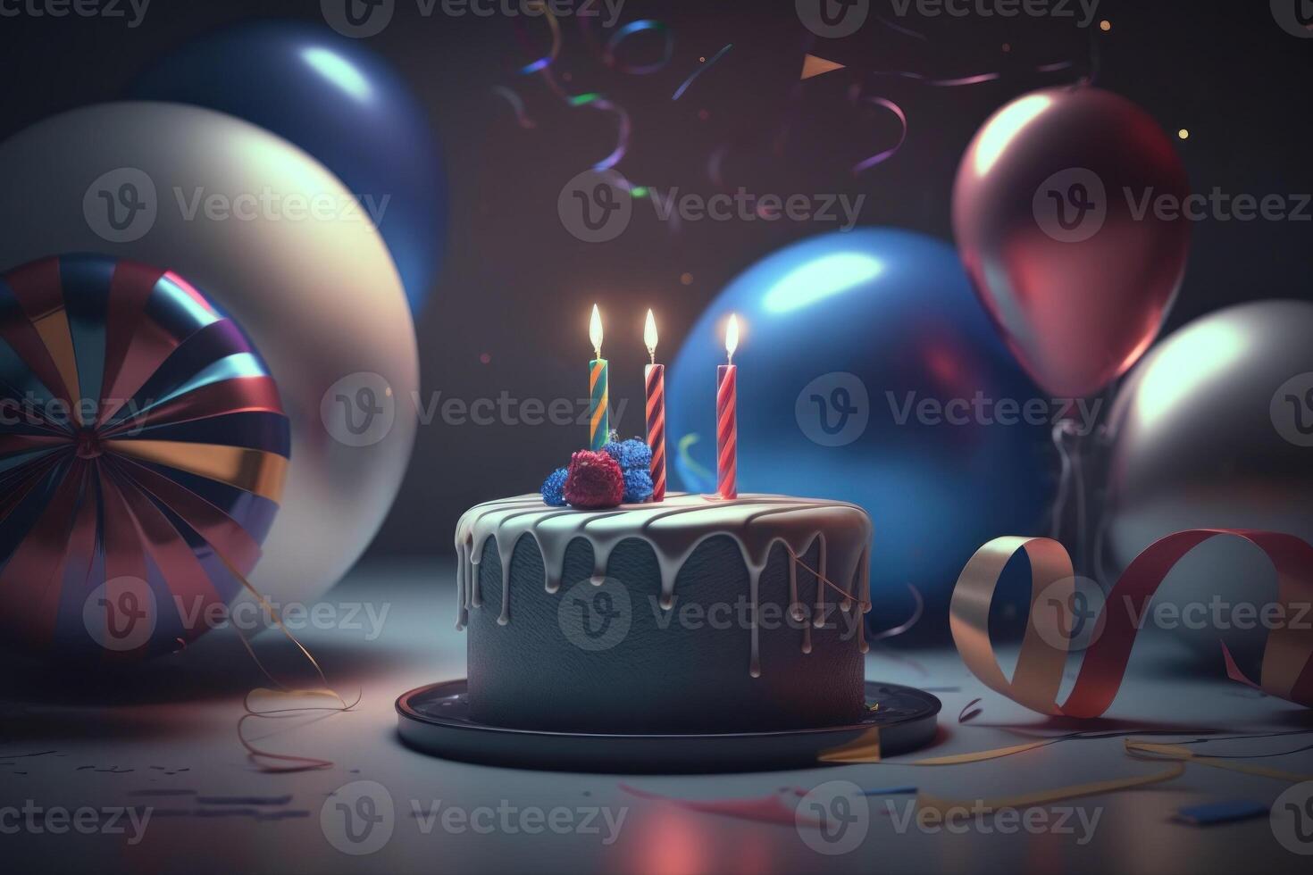 Festive happy birthday cake with a candle and decorations ballons, photo